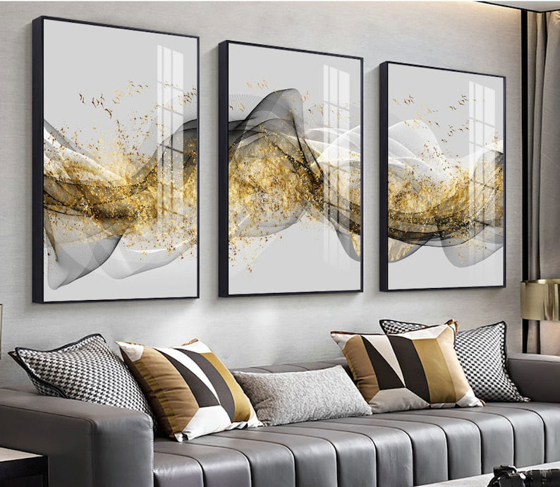 3 sets of Highly-textured oil paint, Original innovative modern light luxury abstract golden ink landscape triptych decorative painting