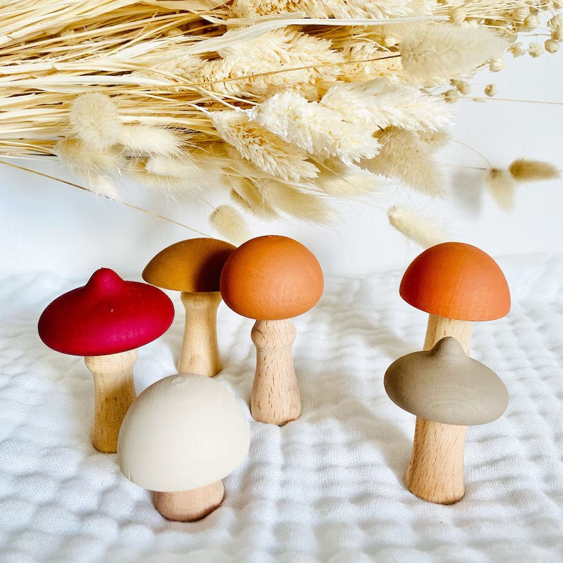 wooden mushrooms - set of 6 mushrooms- Wooden mushroom decoration - wooden mushroom toy
