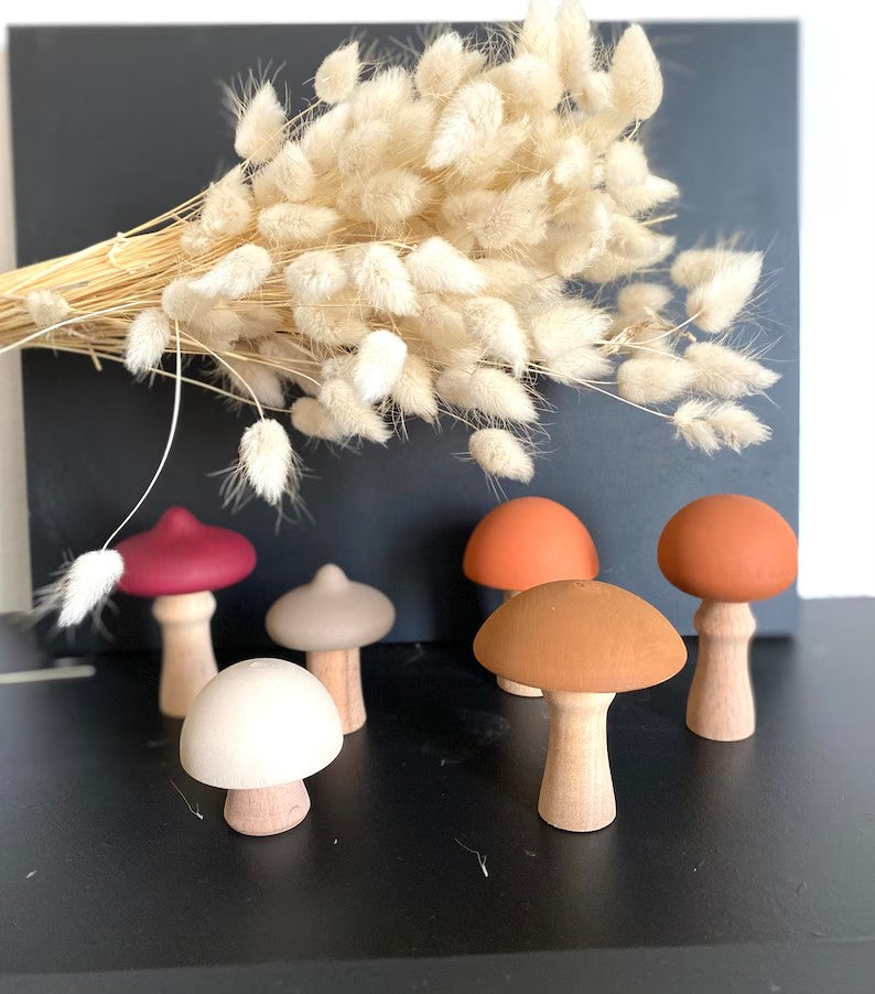 wooden mushrooms - set of 6 mushrooms- Wooden mushroom decoration - wooden mushroom toy