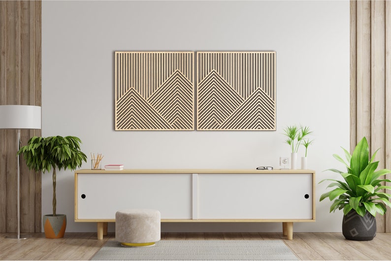 Mountain With Lines Panel Set of 2-3 Wood Wall Art Decor Wooden Nursery Sign Picture Living Room