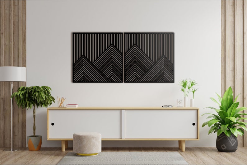 Mountain With Lines Panel Set of 2-3 Wood Wall Art Decor Wooden Nursery Sign Picture Living Room