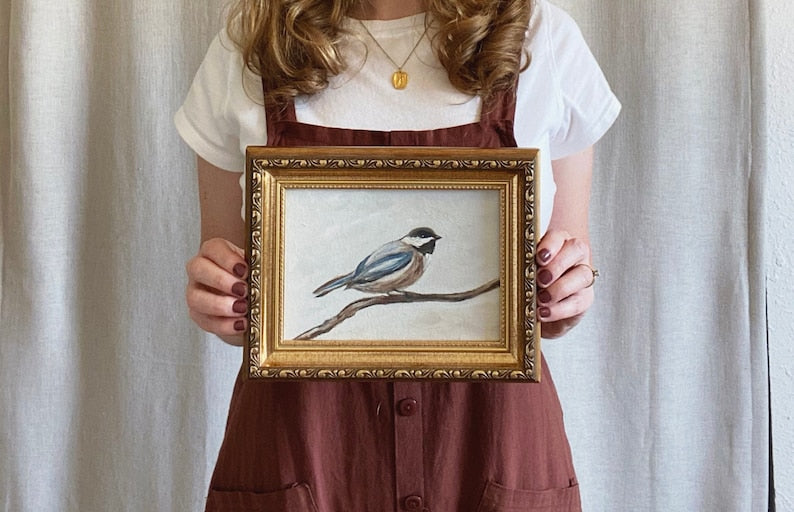 EARLY BIRD Art Print - Unframed Chickadee Oil Painting Print - Small Bird Oil Painting - Bird Painting - Wildlife Original Oil Art Print