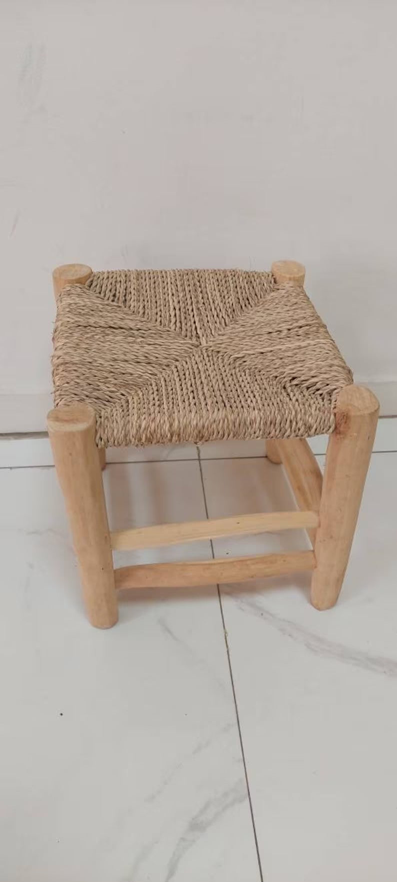 Handmade vintage wood and straw stool, handcrafted chair, braid straw stool, vintage berber stool woden bench