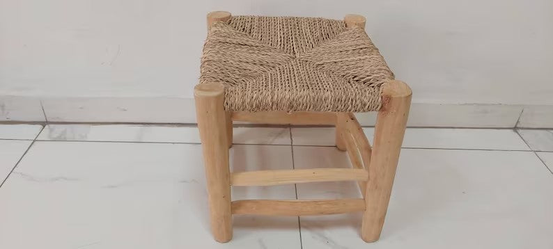 Handmade vintage wood and straw stool, handcrafted chair, braid straw stool, vintage berber stool woden bench