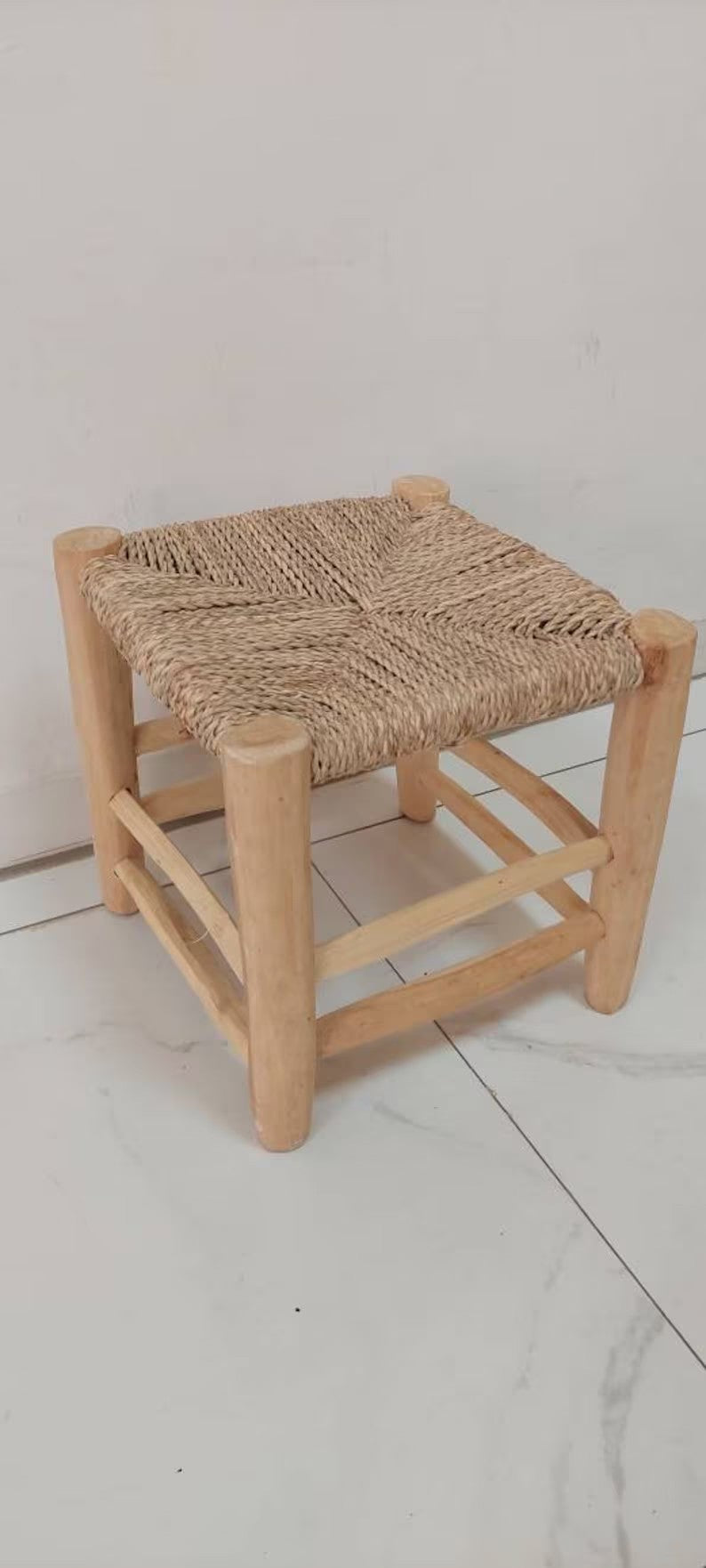 Handmade vintage wood and straw stool, handcrafted chair, braid straw stool, vintage berber stool woden bench