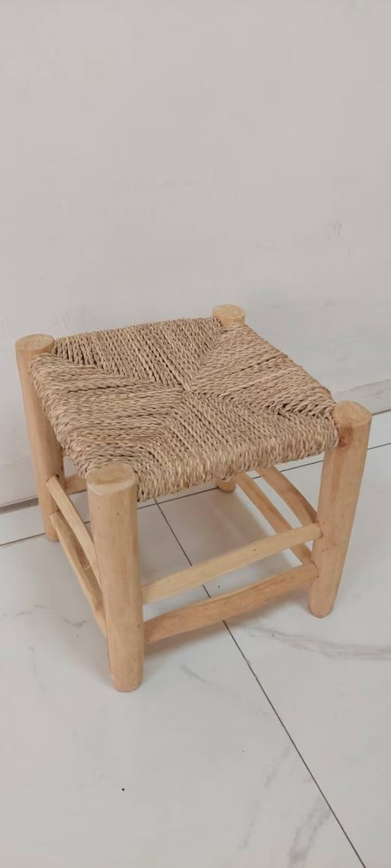Handmade vintage wood and straw stool, handcrafted chair, braid straw stool, vintage berber stool woden bench