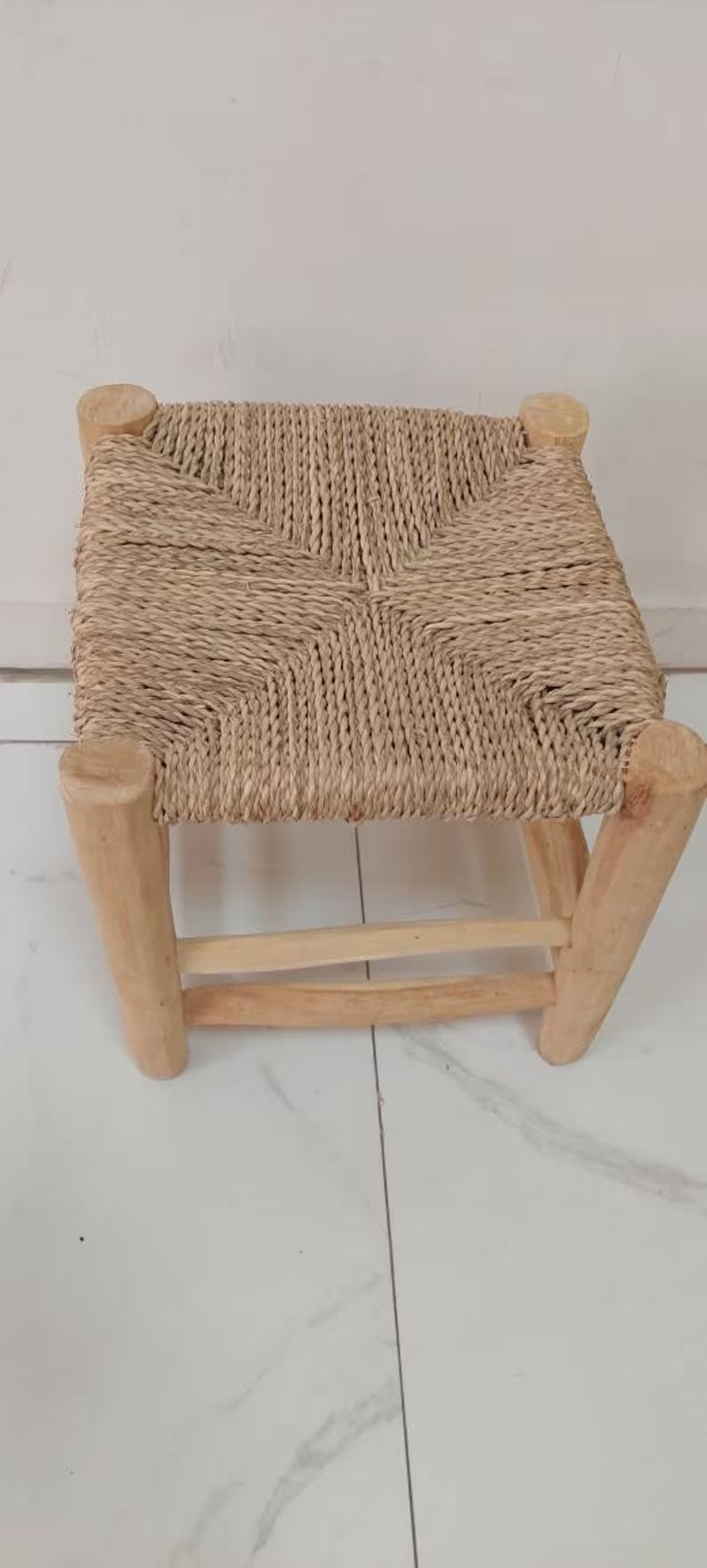 Handmade vintage wood and straw stool, handcrafted chair, braid straw stool, vintage berber stool woden bench