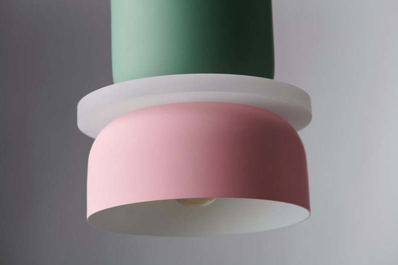 Modern Farmhouse Indoor Pendant Fixture With Pastel Finish - Cylindrical Up/Down Light Pink and Green Color