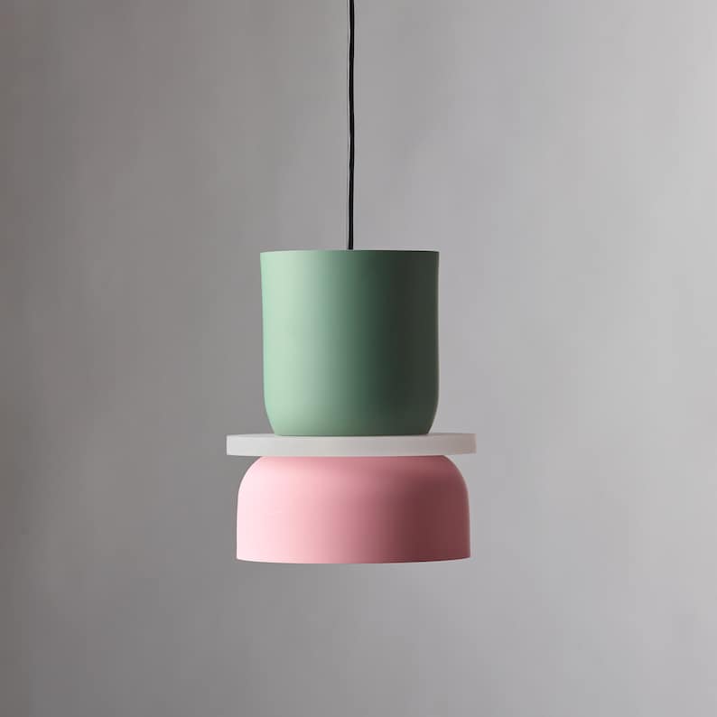 Modern Farmhouse Indoor Pendant Fixture With Pastel Finish - Cylindrical Up/Down Light Pink and Green Color