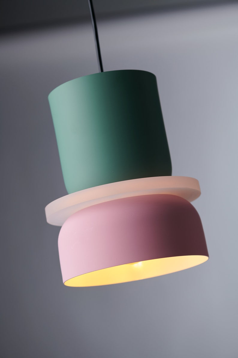 Modern Farmhouse Indoor Pendant Fixture With Pastel Finish - Cylindrical Up/Down Light Pink and Green Color