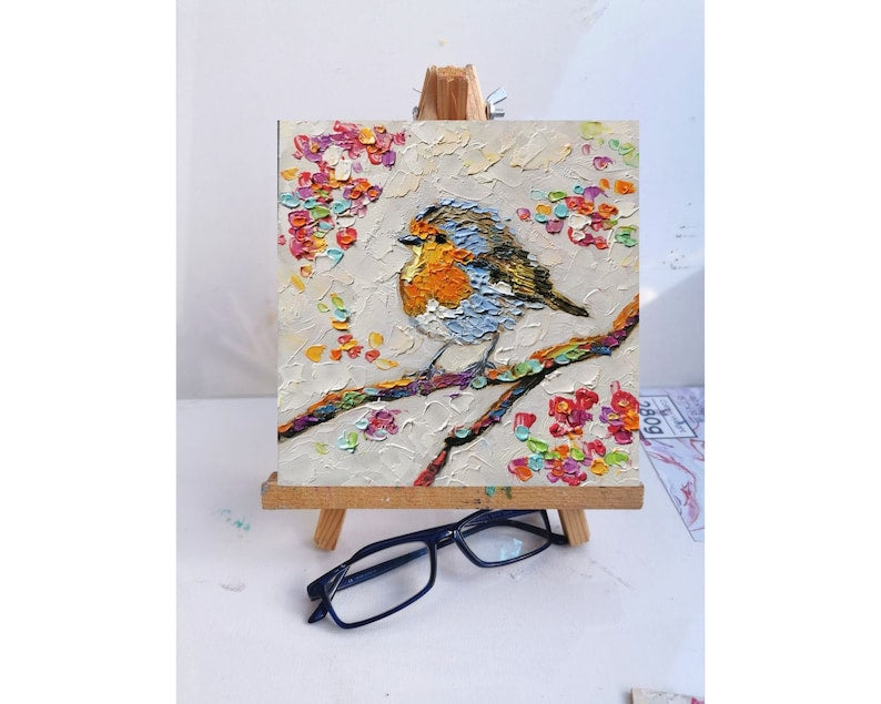 Robin Bird Painting Animal Original Art American Robin Artwork Flowers Impasto Oil Painting Small 6 By 6 inches