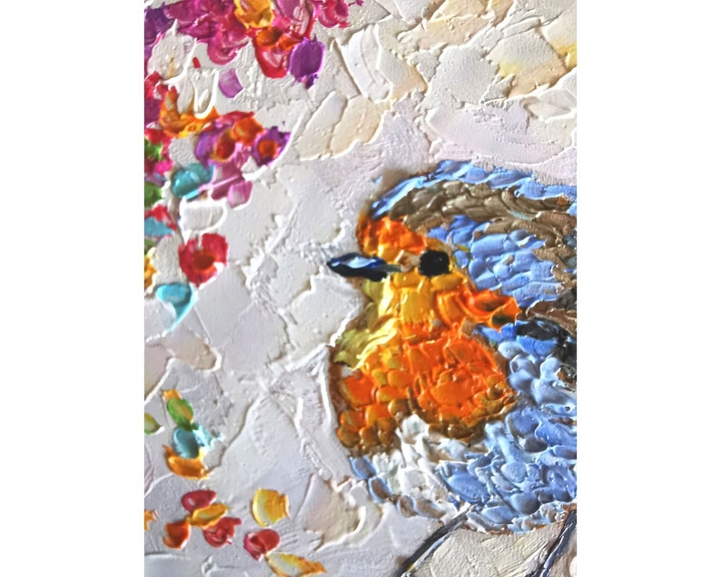 Robin Bird Painting Animal Original Art American Robin Artwork Flowers Impasto Oil Painting Small 6 By 6 inches