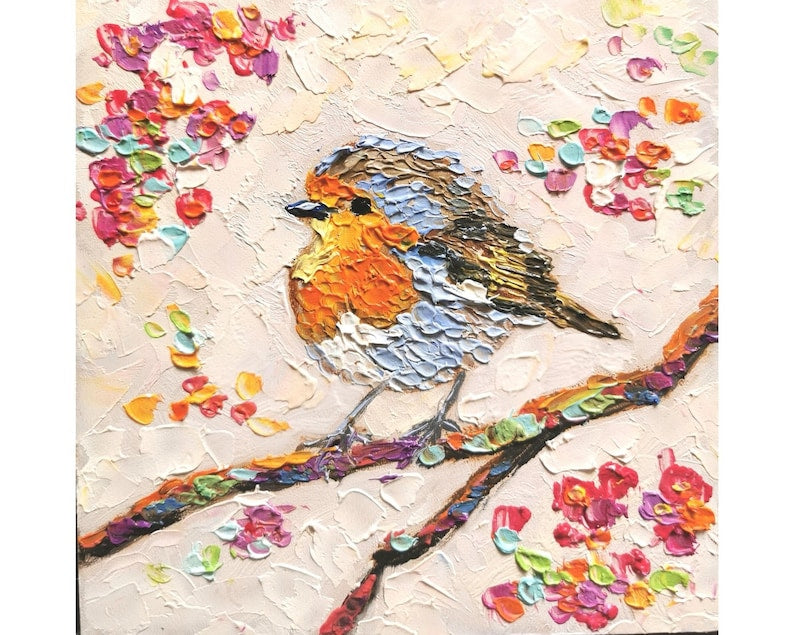 Robin Bird Painting Animal Original Art American Robin Artwork Flowers Impasto Oil Painting Small 6 By 6 inches