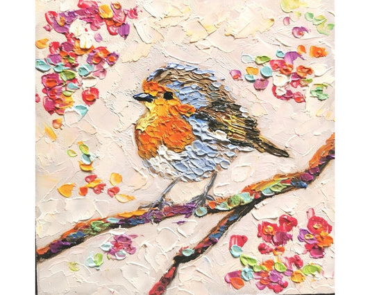Robin Bird Painting Animal Original Art American Robin Artwork Flowers Impasto Oil Painting Small 6 By 6 inches