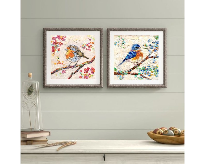 Blue Bird Painting Impasto Original Art Animal Wall Art Blossom Cherry Artwork Floral Small 6 by 6 Impasto oil Painting