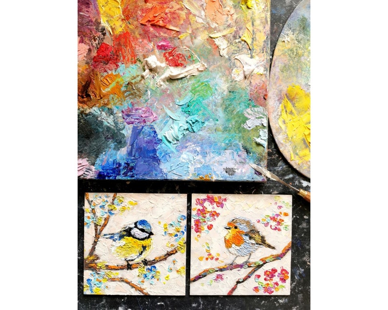 Blue Bird Painting Impasto Original Art Animal Wall Art Blossom Cherry Artwork Floral Small 6 by 6 Impasto oil Painting