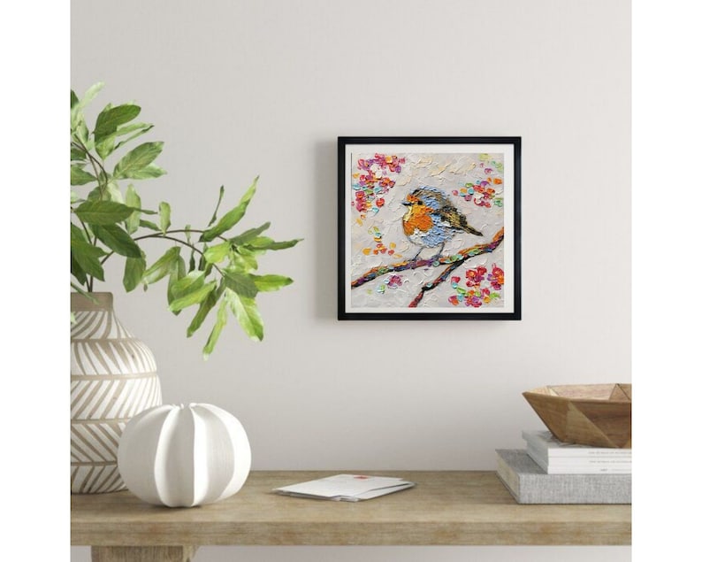 Robin Bird Painting Animal Original Art American Robin Artwork Flowers Impasto Oil Painting Small 6 By 6 inches