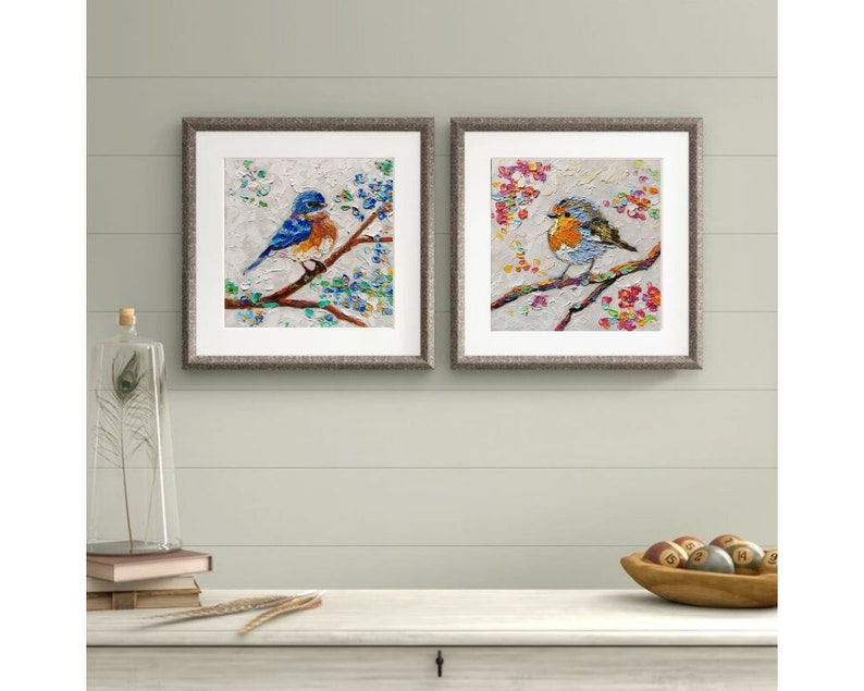 Robin Bird Painting Animal Original Art American Robin Artwork Flowers Impasto Oil Painting Small 6 By 6 inches