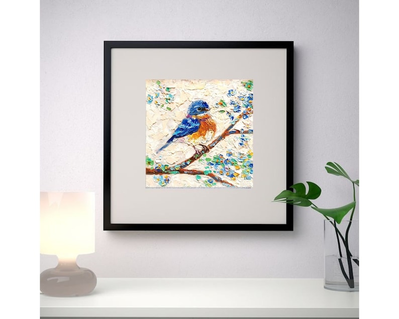 Blue Bird Painting Impasto Original Art Animal Wall Art Blossom Cherry Artwork Floral Small 6 by 6 Impasto oil Painting