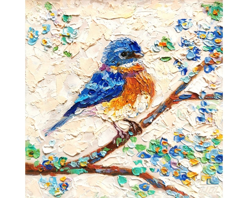 Blue Bird Painting Impasto Original Art Animal Wall Art Blossom Cherry Artwork Floral Small 6 by 6 Impasto oil Painting
