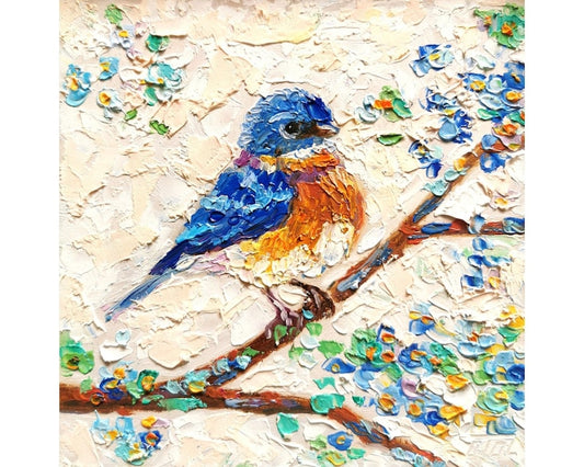 Blue Bird Painting Impasto Original Art Animal Wall Art Blossom Cherry Artwork Floral Small 6 by 6 Impasto oil Painting