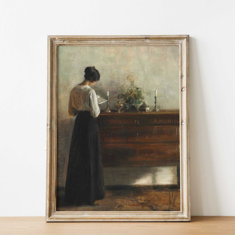 Vintage Portrait Woman Reading, Interior Scene, Print of Antique Oil Painting