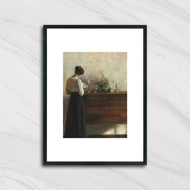 Vintage Portrait Woman Reading, Interior Scene, Print of Antique Oil Painting