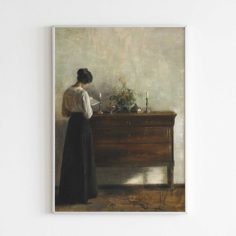 Vintage Portrait Woman Reading, Interior Scene, Print of Antique Oil Painting