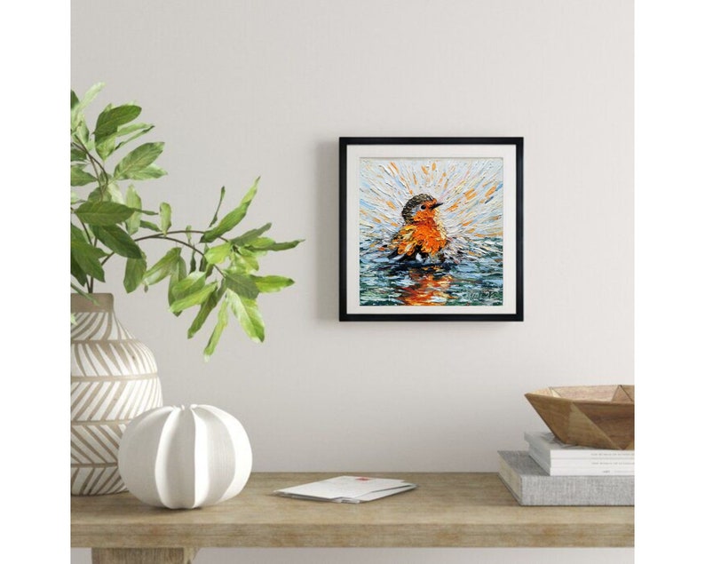 Robin Bird painting Impasto Original Art Bird Bathes Wall Art Small Impasto Oil Painting Animal Artwork 6 by 6 inches by Tolstykh