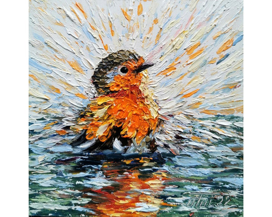 Robin Bird painting Impasto Original Art Bird Bathes Wall Art Small Impasto Oil Painting Animal Artwork 6 by 6 inches by Tolstykh