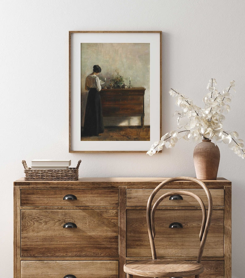 Vintage Portrait Woman Reading, Interior Scene, Print of Antique Oil Painting