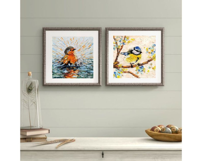 Robin Bird painting Impasto Original Art Bird Bathes Wall Art Small Impasto Oil Painting Animal Artwork 6 by 6 inches by Tolstykh