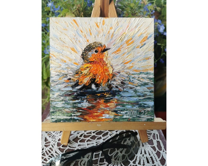 Robin Bird painting Impasto Original Art Bird Bathes Wall Art Small Impasto Oil Painting Animal Artwork 6 by 6 inches by Tolstykh