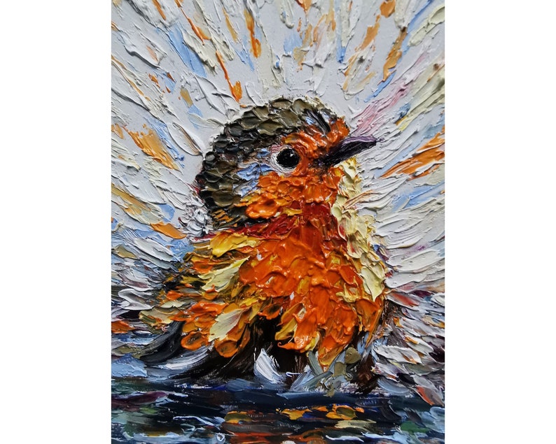 Robin Bird painting Impasto Original Art Bird Bathes Wall Art Small Impasto Oil Painting Animal Artwork 6 by 6 inches by Tolstykh