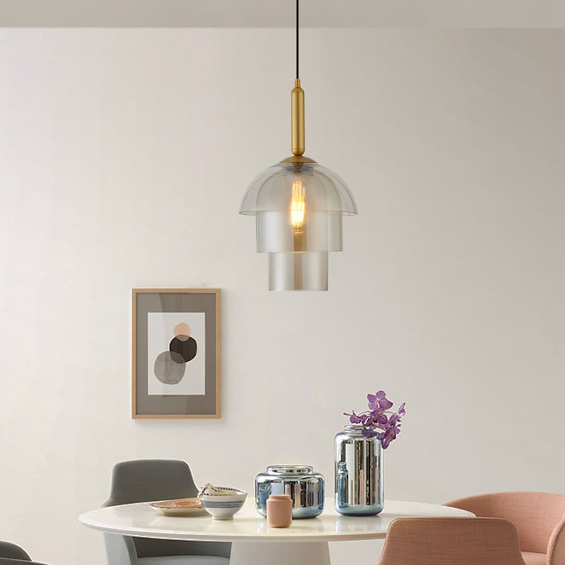 Unique Modern Glass Pendant Light with 3 Glass Shades in Amber Color