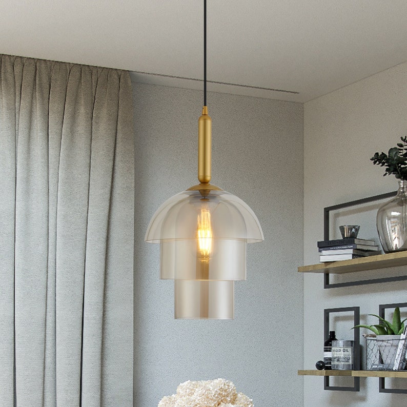 Unique Modern Glass Pendant Light with 3 Glass Shades in Amber Color
