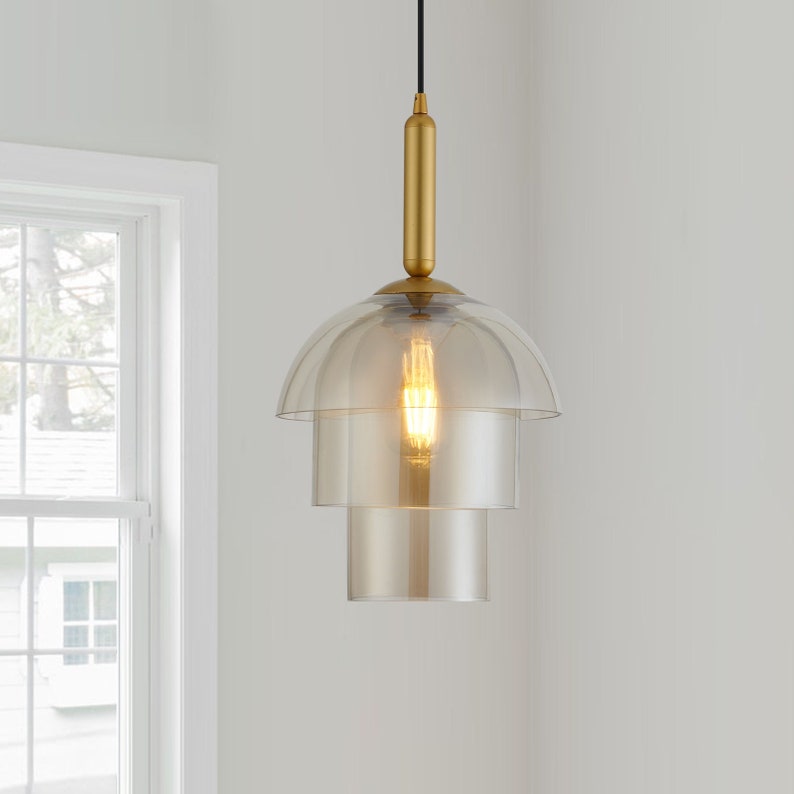 Unique Modern Glass Pendant Light with 3 Glass Shades in Amber Color