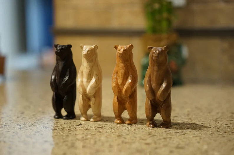 Wooden Bear Statue. Made from different hardwoods. Standing pose. Available in different Species. 4 inches tall.