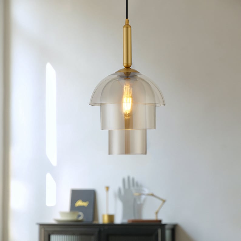 Unique Modern Glass Pendant Light with 3 Glass Shades in Amber Color