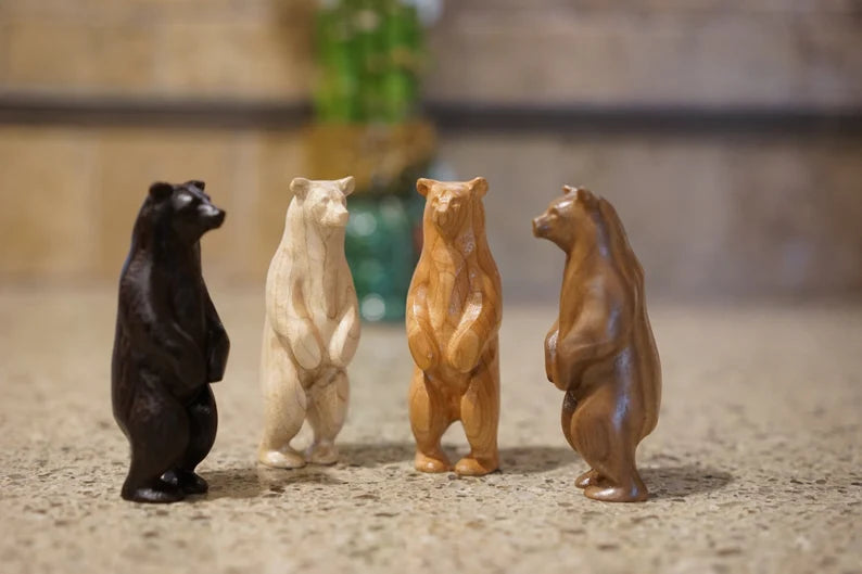 Wooden Bear Statue. Made from different hardwoods. Standing pose. Available in different Species. 4 inches tall.