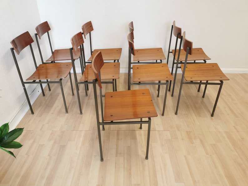Vintage School Chairs / Wooden Chair with Metal Frame / Industrial Minimalist Scandinavian Dining Chair / Batch of Bistro Dine Chair