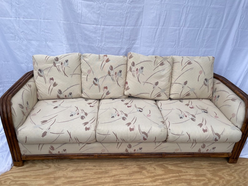 Antique 1970s Rattan 3 seat sofa with cushions