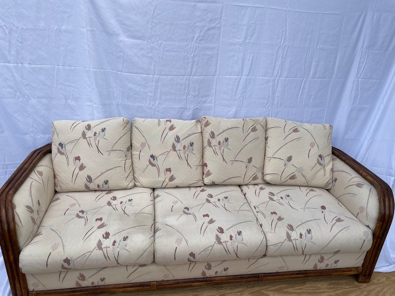 Antique 1970s Rattan 3 seat sofa with cushions