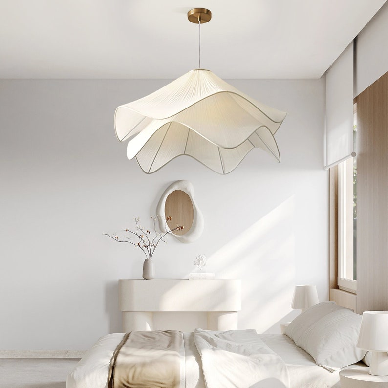 Nordic Cream Style French Fabric Flower Petal Chandelier Shade, Warm Romantic Pendant Lamp for Bedroom or Living Room