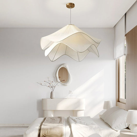 Nordic Cream Style French Fabric Flower Petal Chandelier Shade, Warm Romantic Pendant Lamp for Bedroom or Living Room