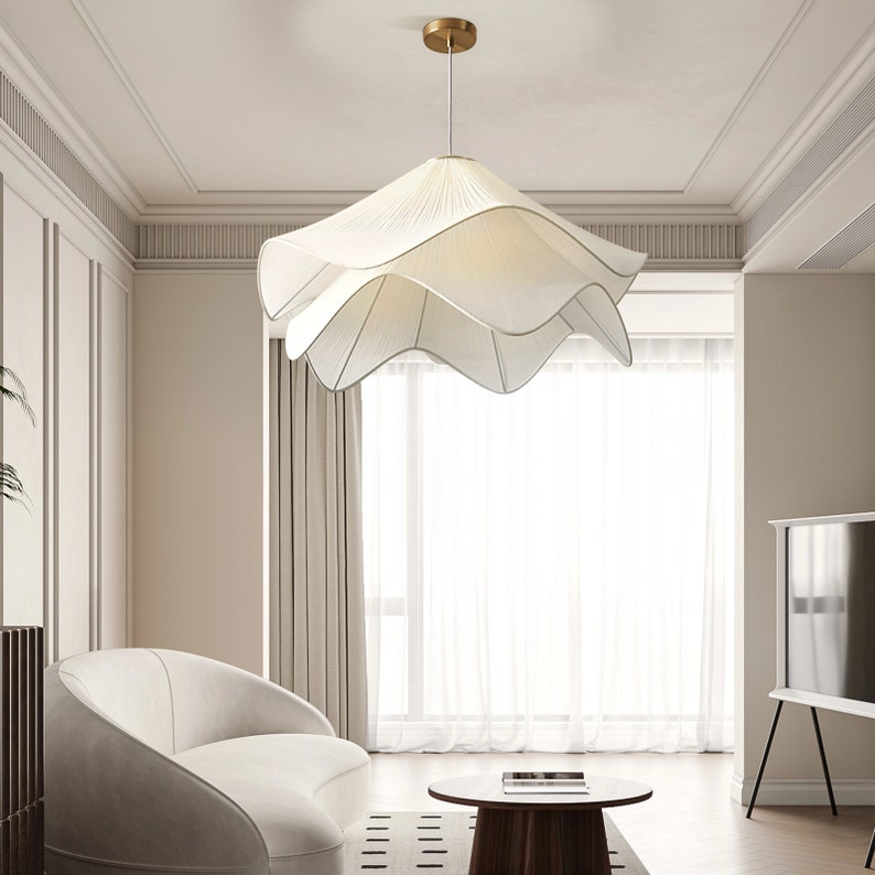 Nordic Cream Style French Fabric Flower Petal Chandelier Shade, Warm Romantic Pendant Lamp for Bedroom or Living Room