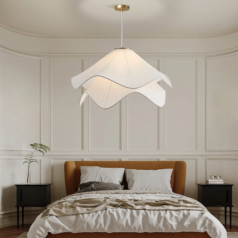 Nordic Cream Style French Fabric Flower Petal Chandelier Shade, Warm Romantic Pendant Lamp for Bedroom or Living Room