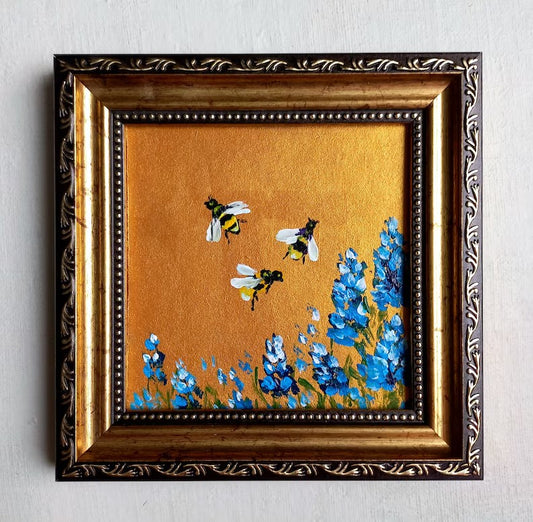 Bee Painting Bumblebee on Flower Painting Gold Framed Miniature Original Art Honeybee Small Wall Art Honey bee gifts