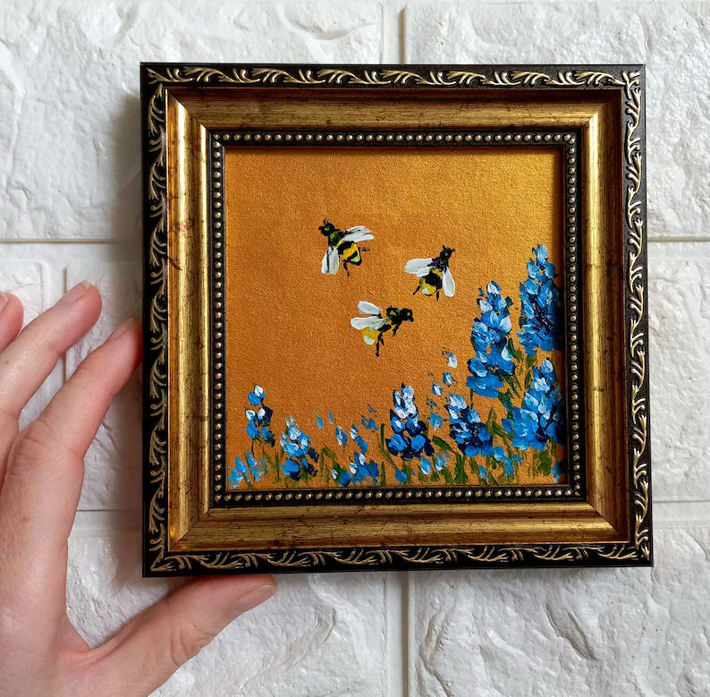 Bee Painting Bumblebee on Flower Painting Gold Framed Miniature Original Art Honeybee Small Wall Art Honey bee gifts
