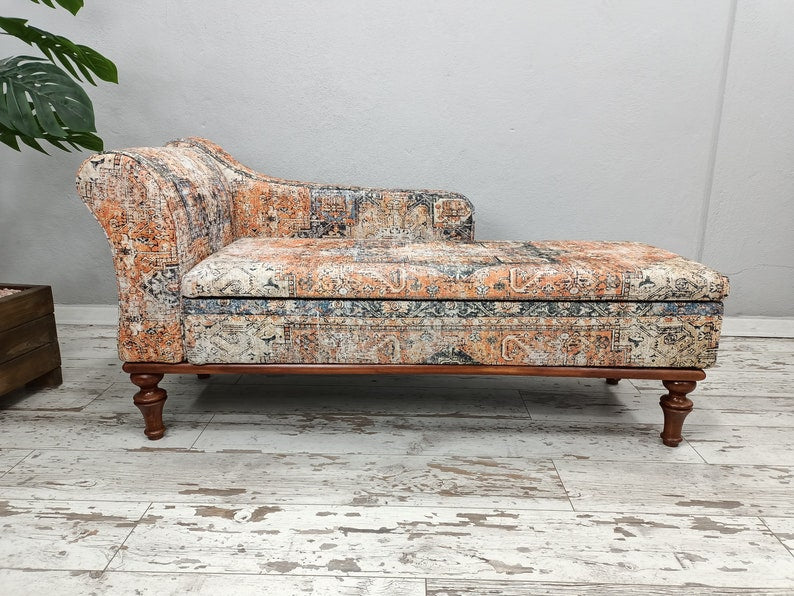 Orange chaise lounge, Upholster Sofa , Wood Window seat, Sofa daybed, Handmade sofa, Boho sofa couch, Reading chair, Armed bench, SOFA 794